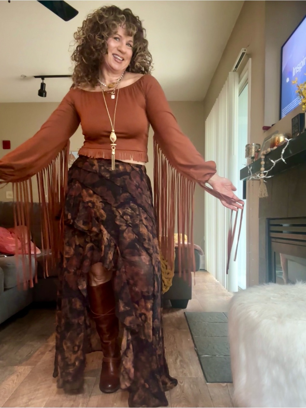 Three Bird Nest Rust Brown Floral High-Low Ruffle Skirt